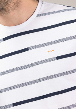 TEE SHIRT MC FOND BLANC RAYE INDIGO TEODOR