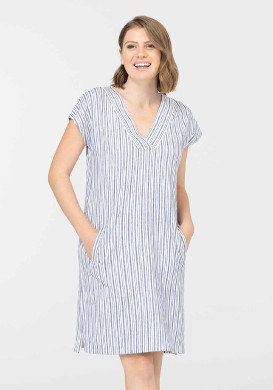 Robe col V Femme blanche rayures bleues
