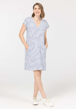 Robe col V Femme blanche rayures bleues