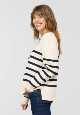 PULL FOND GREGE RAYE INDIGO KALUGA Pull marin grège rayures bleu marine Femme