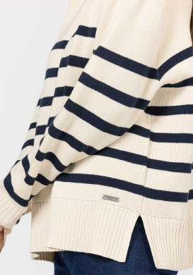 PULL FOND GREGE RAYE INDIGO KALUGA Pull marin grège rayures bleu marine Femme