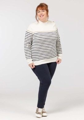 PULL FOND NATUREL RAYE INDIGO BORICHA2 Pull marin fond grège Femme