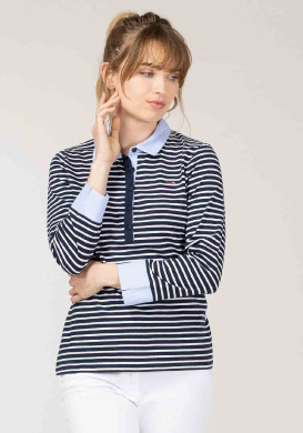 Polo rayé manches longues bleu marine Femme