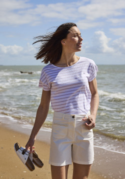 Marinière manches courtes blanc rayé violet Femme