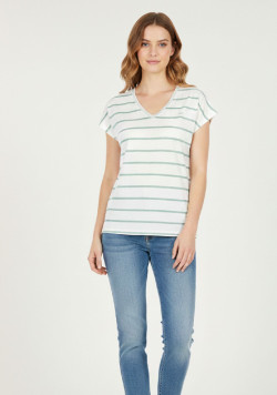 T-shirt blanc rayures vertes viscose et lin Femme