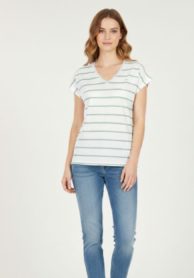 T-shirt blanc rayures vertes viscose et lin Femme T-shirt blanc rayures vertes viscose et lin Femme