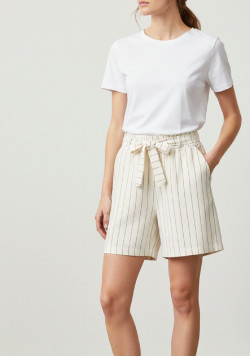 Short grège rayé bleu marine Femme avec ceinture à nouer