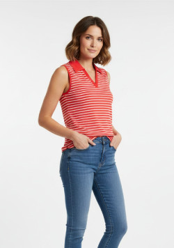 Polo rouge sans manches rayé Femme