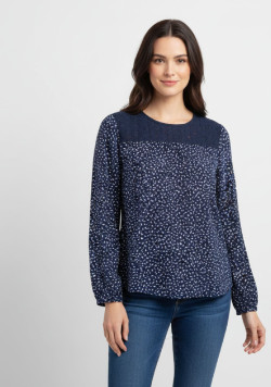 Blouse Femme bleu marine manches longues col rond