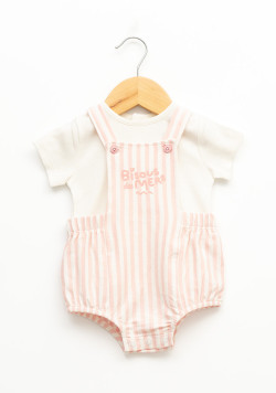 Ensemble t-shirt et salopette 100% coton rayé rose bébé fille