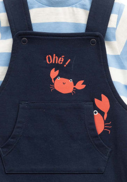 Ensemble salopette courte et tee-shirt rayé bleu bébé