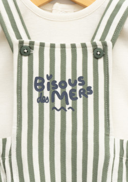 Ensemble t-shirt et salopette 100% coton rayé vert bébé garçon