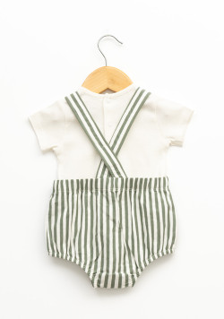 Ensemble t-shirt et salopette 100% coton rayé vert bébé garçon