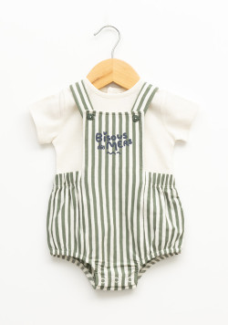 Ensemble t-shirt et salopette 100% coton rayé vert bébé garçon