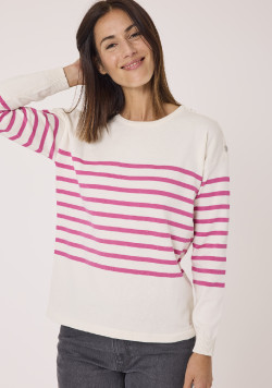 Pull col rond rayé rose femme