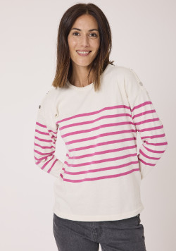 Pull col rond rayé rose femme