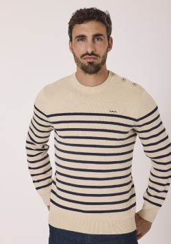 Pull marin beige rayé marine homme