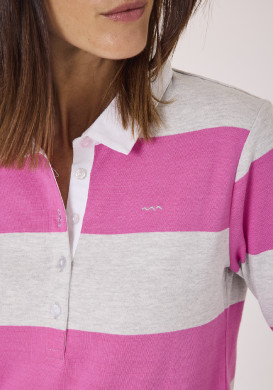 Polo manches longues rayé gris et rose femme