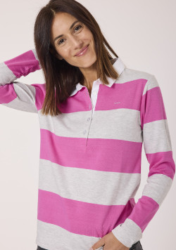 Polo manches longues rayé gris et rose femme