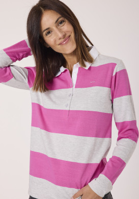 Polo manches longues rayé gris et rose femme