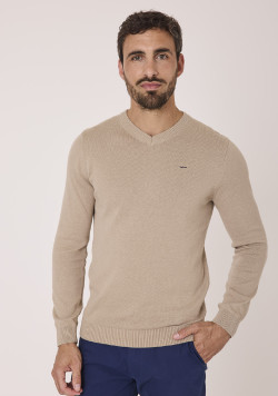 Pull col V beige homme