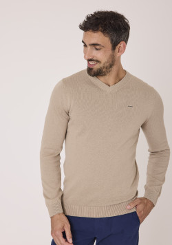 Pull col V beige homme