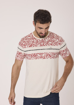 Tee-shirt manches courtes en coton beige imprimé homme