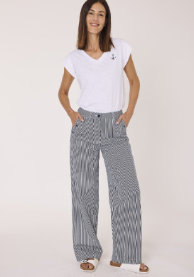 Pantalon large femme rayé bleu marine 100% coton Pantalon large femme rayé bleu marine 100% coton