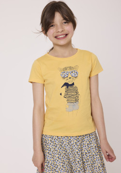 Tee-shirt fille manches courtes jaune avec dessin ludique
