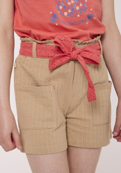 Short fille beige avec ceinture 100% coton