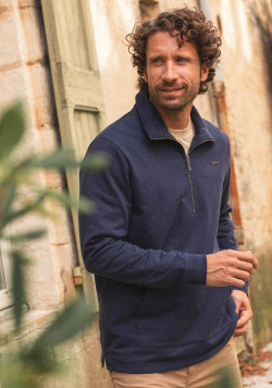 Sweat homme avec col zippé poche marine