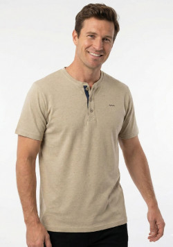T-shirt Homme manches courtes beige sable col tunisien