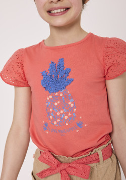 Tee-shirt manches courtes brodées fille corail