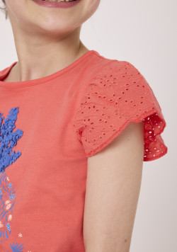 Tee-shirt manches courtes brodées fille corail