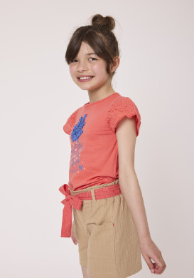Tee-shirt manches courtes brodées fille corail Tee-shirt manches courtes brodées fille corail