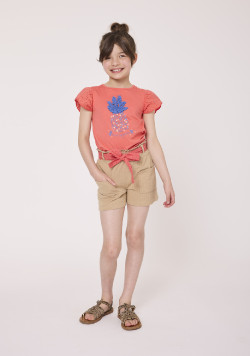 Tee-shirt manches courtes brodées fille corail