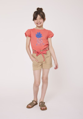 Tee-shirt manches courtes brodées fille corail Tee-shirt manches courtes brodées fille corail