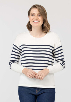 Pull marin Femme grège rayé bleu marine