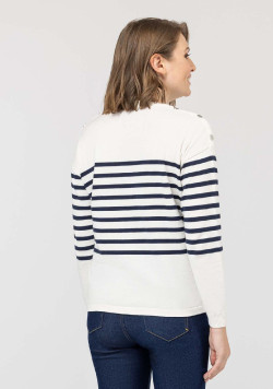 Pull marin Femme grège rayé bleu marine