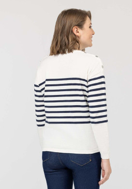 Pull marin Femme grège rayé bleu marine Pull marin Femme grège rayé bleu marine