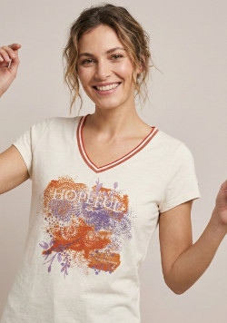 Tee-shirt manches courtes femme viscose et lin blanc à motif
