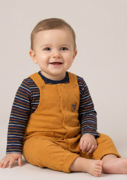 Ensemble Bébé salopette jaune ocre + t-shirt manches longues rayé