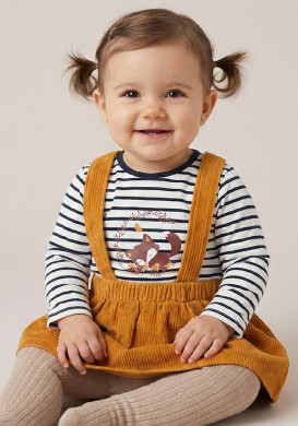 Ensemble Bébé robe jaune ocre + marinière imprimé