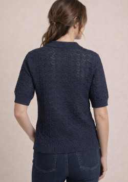 Polo en tricot ajouré femme bleu marine