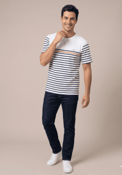 Marinière manches courtes 100% coton Homme blanche rayée bleu