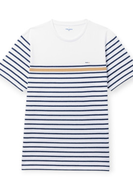 Marinière manches courtes 100% coton Homme blanche rayée bleu Marinière manches courtes 100% coton Homme blanche rayée bleu
