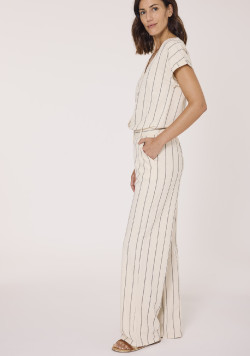 Pantalon large femme beige rayé 100% coton