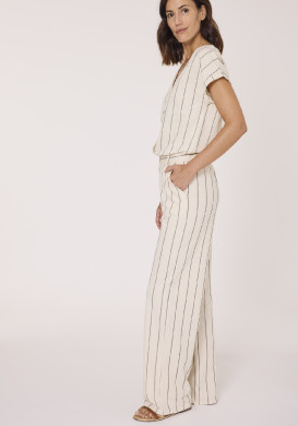 Pantalon large femme beige rayé 100% coton
