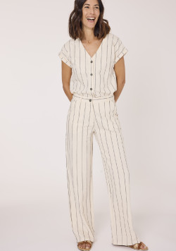 Pantalon large femme beige rayé 100% coton