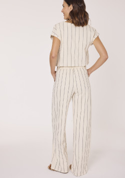 Pantalon large femme beige rayé 100% coton